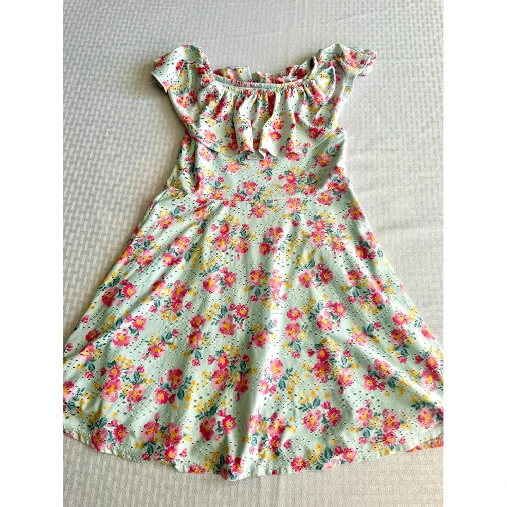 btween Girls Floral Eyelet Ruffle Off Shoulder Dress Mint Green Pink Size 12